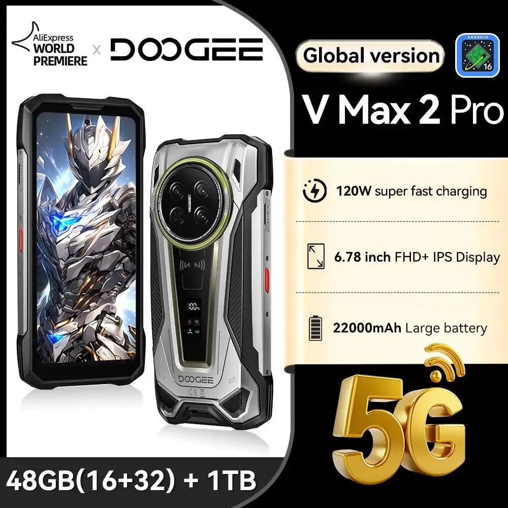 Smartphone resistente DOOGEE V Max 2 Pro 5G, estreno mundial, pantalla de 6,78", 48 GB (16+32) de RAM + 1 TB de ROM, gran batería de 22000 mAh, Android 16, luces de camping duales, altavoces duales, carga superrápida de 120 W