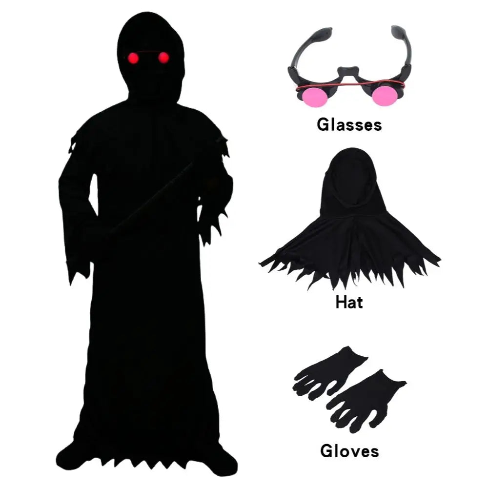Disfraz de terror de la Parca para Halloween, túnica de fantasma extraña con sombrero negro, ojos rojos brillantes para fiesta de cosplay, incluye máscara y guantes