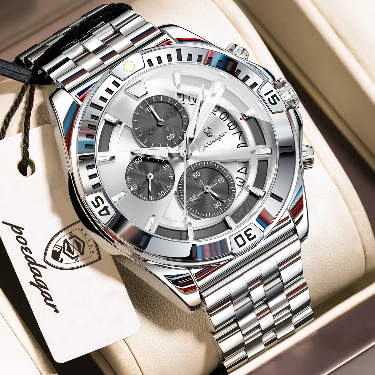 Reloj de pulsera para hombre POEDAGAR, luminoso, resistente al agua, de acero inoxidable, con cronógrafo, fecha y cuarzo, estilo deportivo