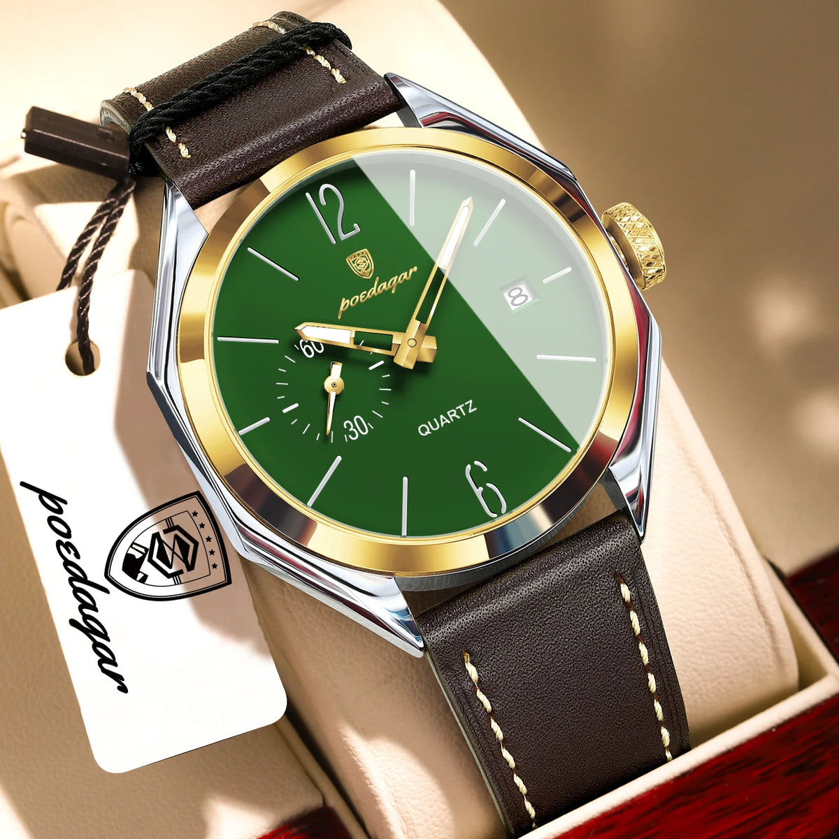 Reloj de hombre POEDAGAR de alta moda, con correa de piel, fecha, cuarzo, estilo negocios, resistente al agua, luminoso y casual