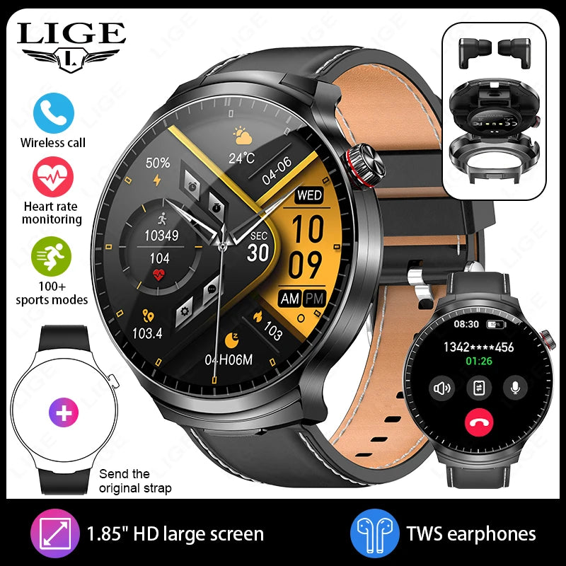 Reloj inteligente LIGE TWS con auriculares, pantalla IPS de 1.85", llamadas BT, monitor de frecuencia cardíaca y sueño, reloj inteligente deportivo resistente al agua para Android e iOS