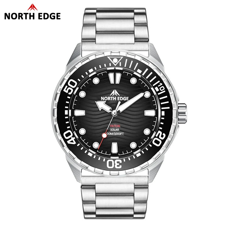 Reloj de buceo solar NORTH EDGE TRITON para hombre, reloj deportivo de buceo profesional de lujo con cuarzo, acero inoxidable 316L y sumergible a 300 m