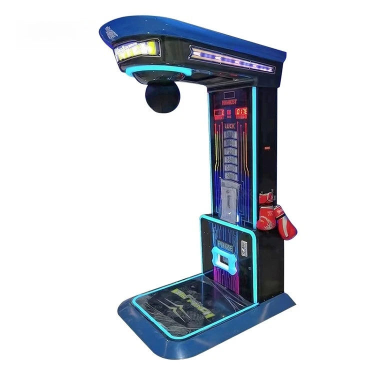 Máquina de arcade de boxeo eléctrica azul índigo con paneles LED y base transparente