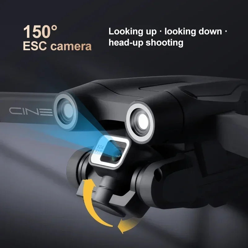 Dron RC plegable negro con cámara frontal y gimbal, detalle de lente
