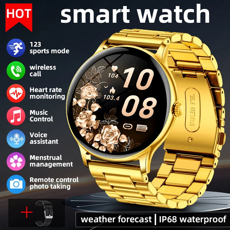Nuevo reloj inteligente de acero para hombre, llamada Bluetooth, pantalla táctil completa, frecuencia cardíaca, monitoreo de sueño, resistente al agua, reloj inteligente deportivo para mujer