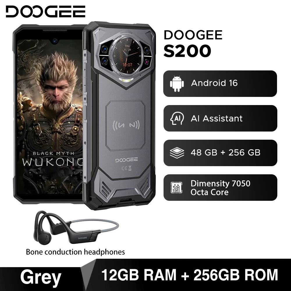 Estreno mundial del teléfono resistente DOOGEE S200 5G, pantalla de 6,72" a 120Hz, 48GB de RAM, 256GB de ROM, cámara principal IA de 100MP, 10100mAh, Android 16, NFC
