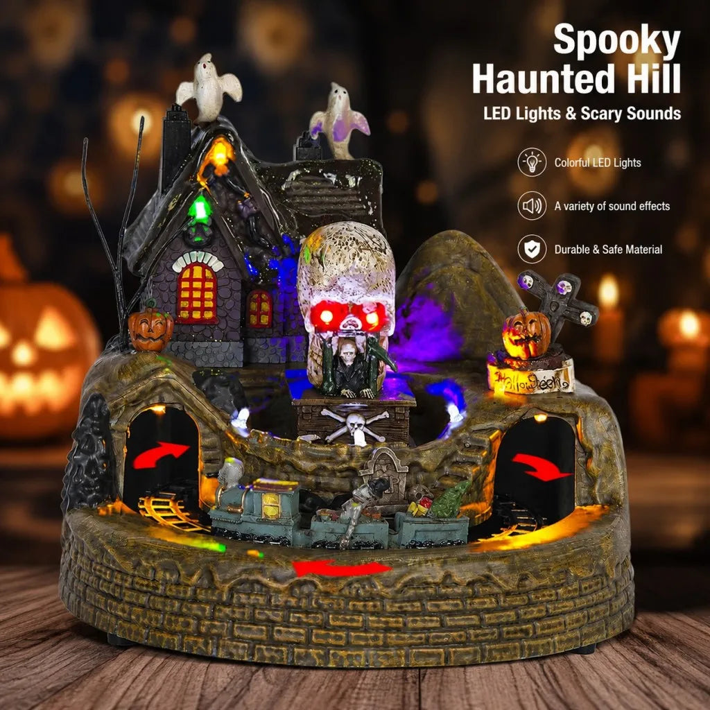Decoración de tren de pueblo de vacaciones de Halloween con luces LED, figuras de fantasmas y esqueleto espeluznantes musicales, decoración festiva de casa embrujada