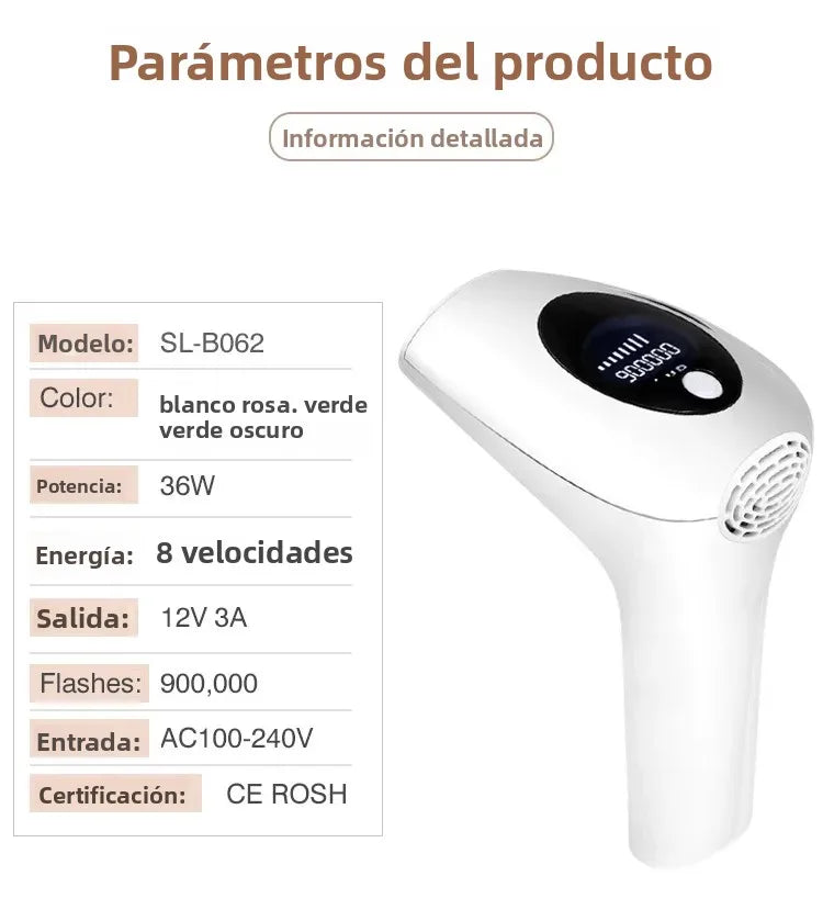 Dispositivo de Depilación IPL 10 Beauty Care, 990000 Flashes, Indoloro y Permanente para Mujeres, Rostro, Cuerpo, Bikini, Pantalla LED, Uso Doméstico