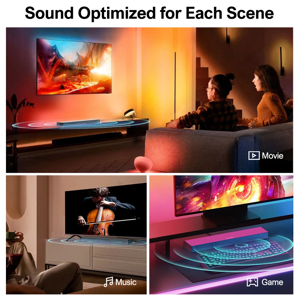 Barra de sonido negra sobre mesa, con indicador de escenas y barra luminosa.