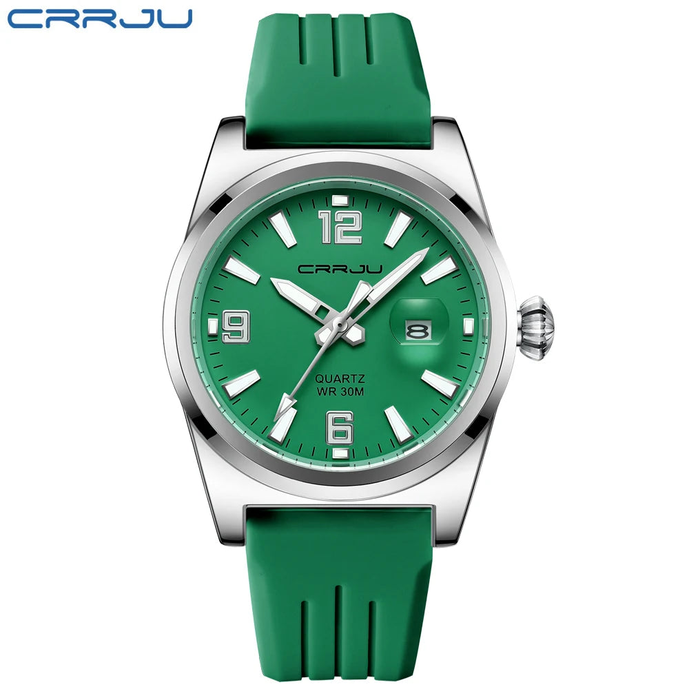 Reloj de pulsera de cuarzo casual CRRJU de moda, resistente al agua, para hombre, con correa de silicona deportiva, manecillas luminosas.
