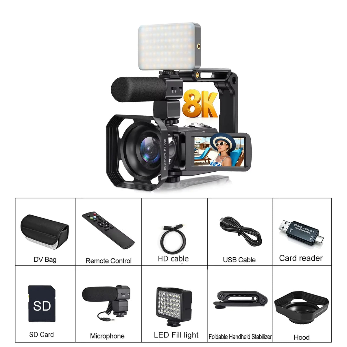 Videocámara 8K de 64MP con Visión Nocturna IR de 18X, Grabadora de Video Digital, Pantalla Táctil Giratoria de 3.0'', Wi-Fi, Vlogging, Transmisión en Vivo, Cámara Web