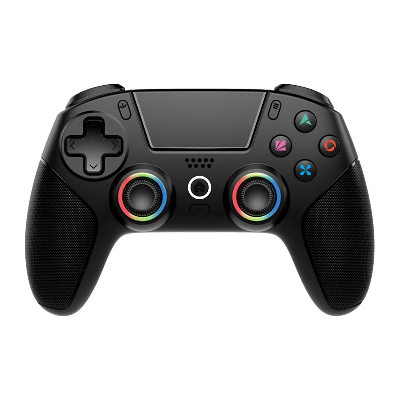 Mando de juego negro, vista frontal, joysticks con aros de luz RGB