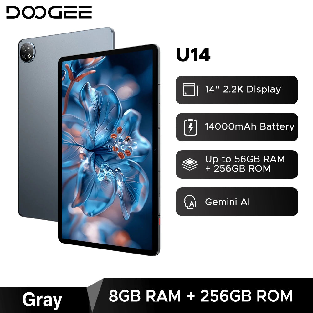 Tableta inteligente Doogee U14, Android, pantalla de 14 pulgadas y resolución 2.2K, 56 GB (8+48), 256 GB, batería de 14000 mAh, Wi-Fi 6, compatibilidad con Gemini AI y Widevine L1.