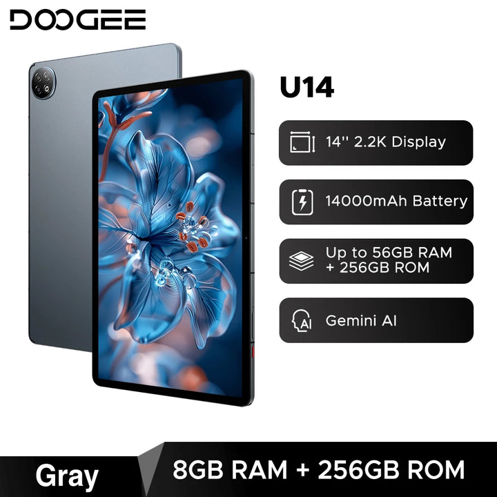 Tableta inteligente Doogee U14, Android, pantalla de 14 pulgadas y resolución 2.2K, 56 GB (8+48), 256 GB, batería de 14000 mAh, Wi-Fi 6, compatibilidad con Gemini AI y Widevine L1.