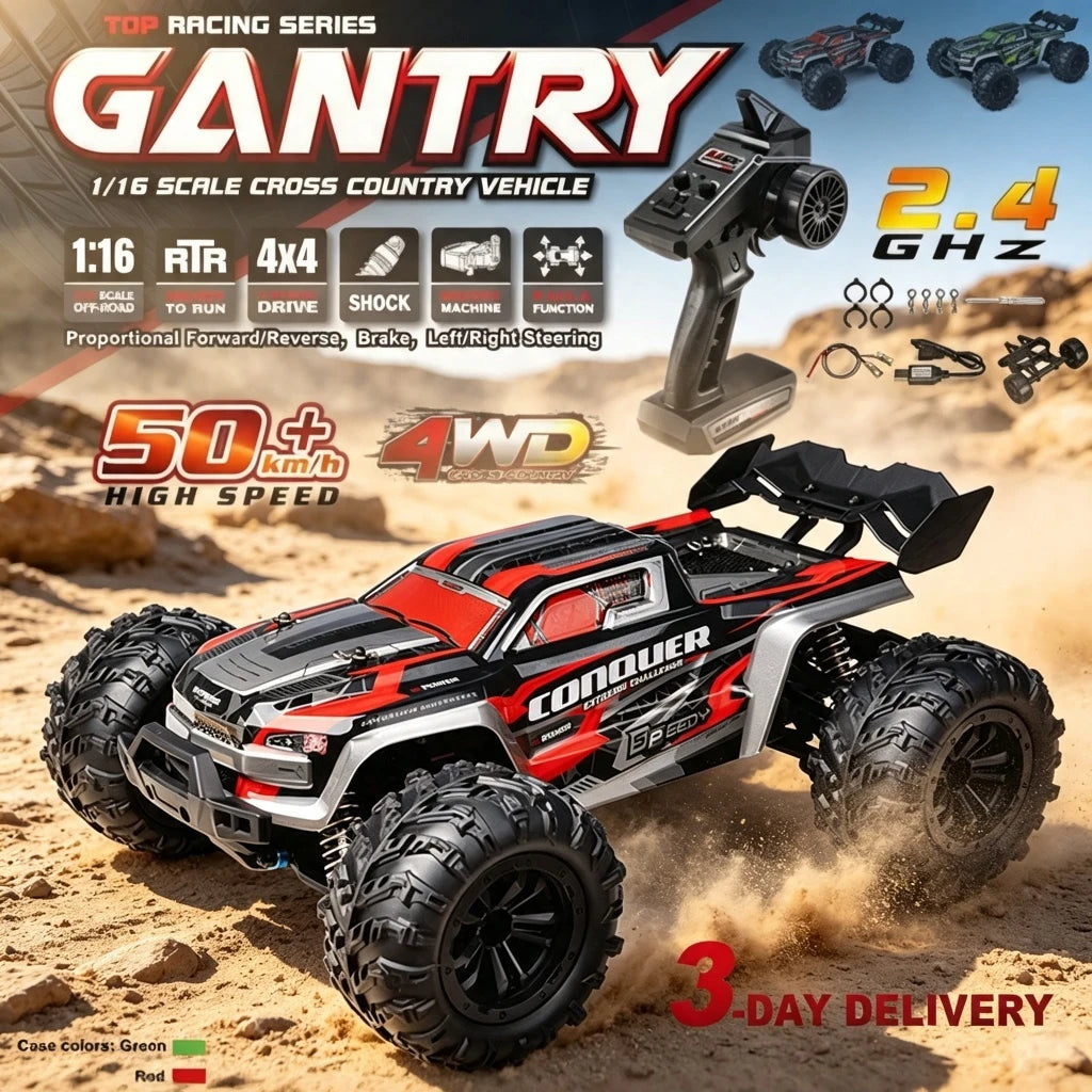 Coche RC Wltoys 1:16 50 km/h de alta velocidad 4WD todoterreno Monster Truck, vehículo eléctrico recargable con control remoto de 2.4 GHz, batería de 7.4 V, faros LED, engranajes metálicos, suspensión independiente, juguete de hobby para adultos, regalo