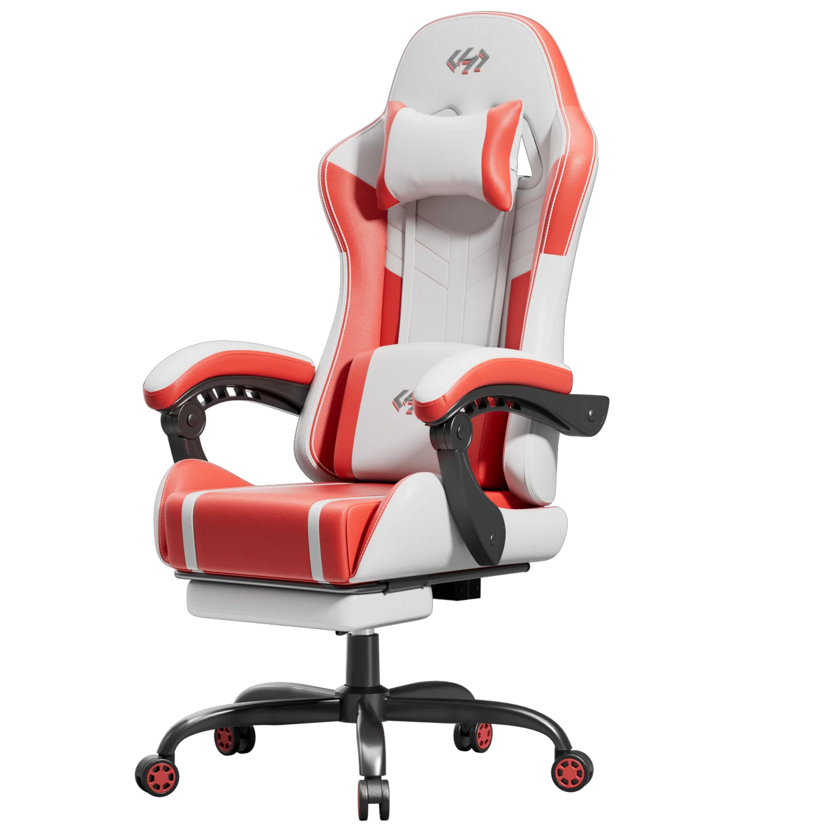 Silla gamer de cuero sintético blanca y roja con reposacabezas y respaldo alto