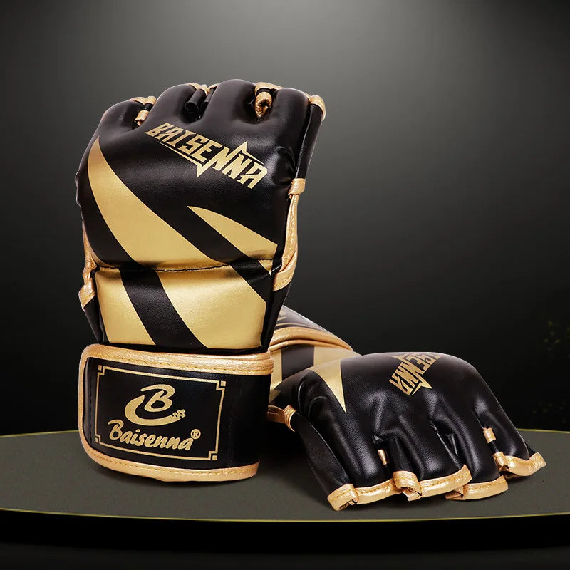 Guantes de Boxeo de Medio Dedo, Guantes de Boxeo MMA, Guantes de Competición de Muay Thai, Guantes de Entrenamiento de Boxeo de Cuero PU con Esponja