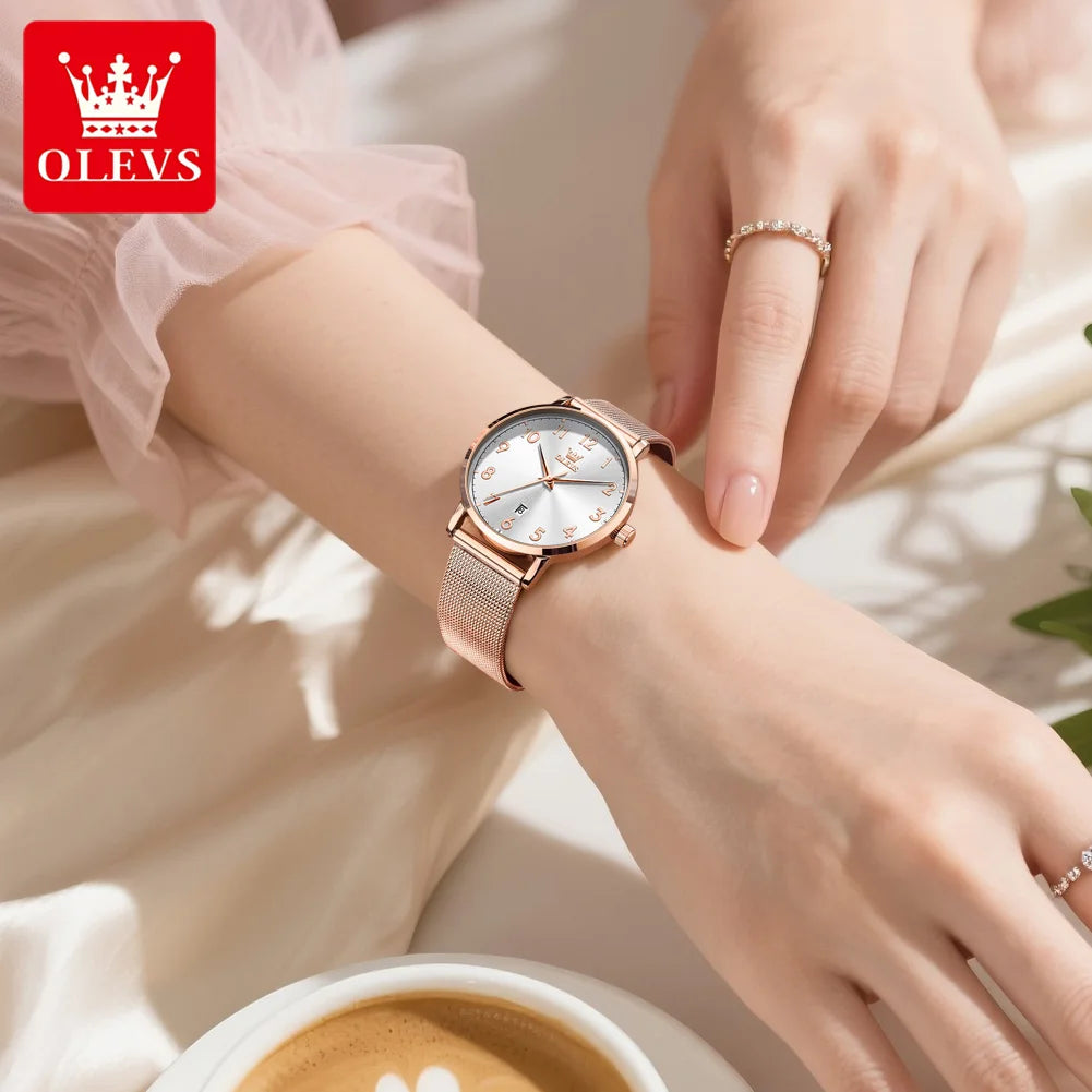 Reloj para mujer OLEVS 5653 con correa de malla, cronógrafo de cuarzo original, fecha, resistente al agua y luminoso.