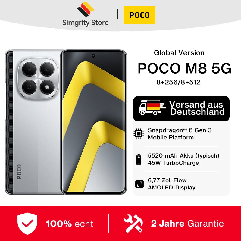 Global Version POCO M8 5G Snapdragon 6 Gen 3 Processor Smartphone 6.77" AMOLED Display 50MP Main Camera 5520mAh (typ) Battery 45W Turbo Charge POCO Cellphone