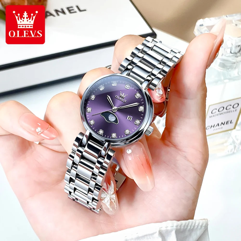 Reloj de cuarzo OLEVS para mujer, elegante y a la moda, con esfera de pedrería morada, resistente al agua, luminoso, original, de lujo.