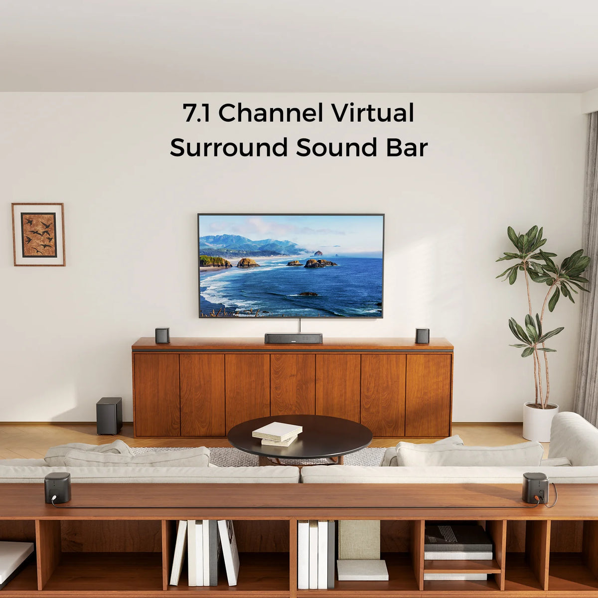 Barra de sonido con altavoz central y satélites, sobre mueble para TV