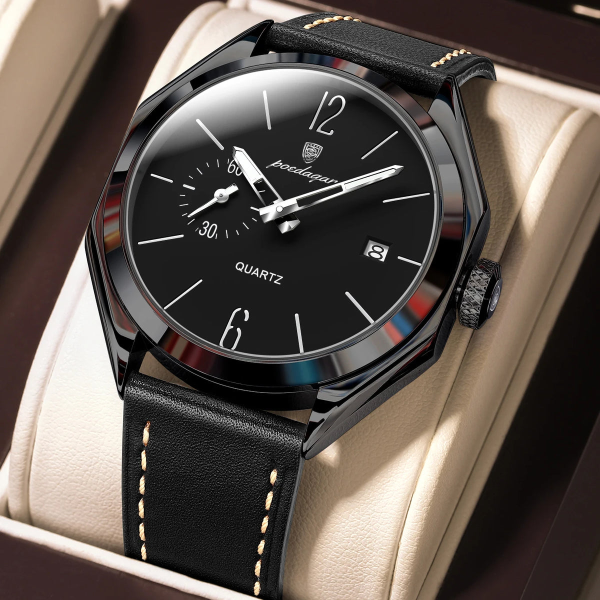 Reloj de pulsera original de cuarzo para hombre POEDAGAR, de piel, para negocios, resistente al agua, con fecha luminosa, reloj elegante para hombre.