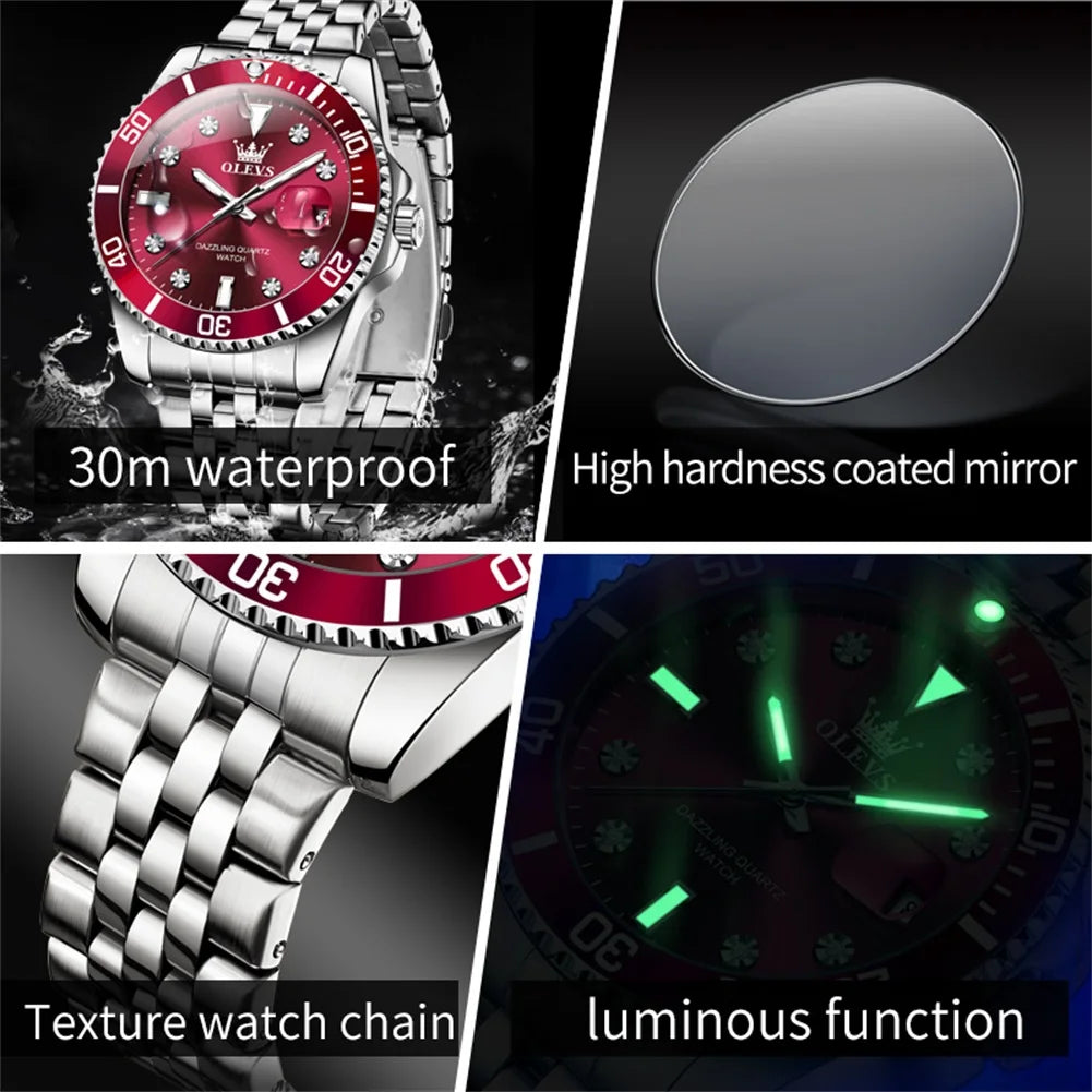 Reloj OLEVS 9809 para hombre, original, resistente al agua, luminoso, de cuarzo, de acero inoxidable, de marca reconocida, con calendario, estilo ejecutivo