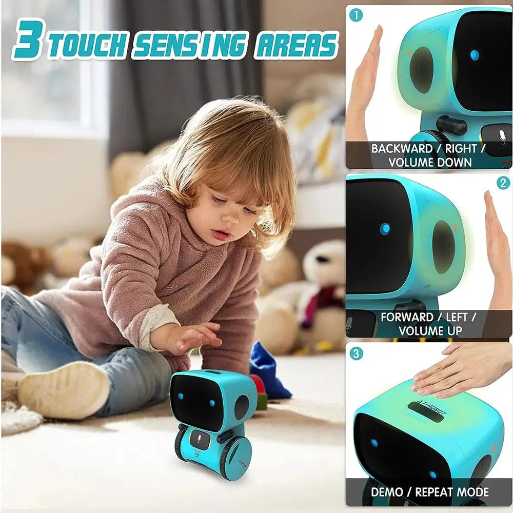 Robot de juguete turquesa con pantalla negra y sensor táctil, control por botones
