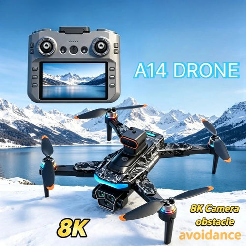 Dron RC negro con cuatro hélices y cámara, con mando con pantalla integrada