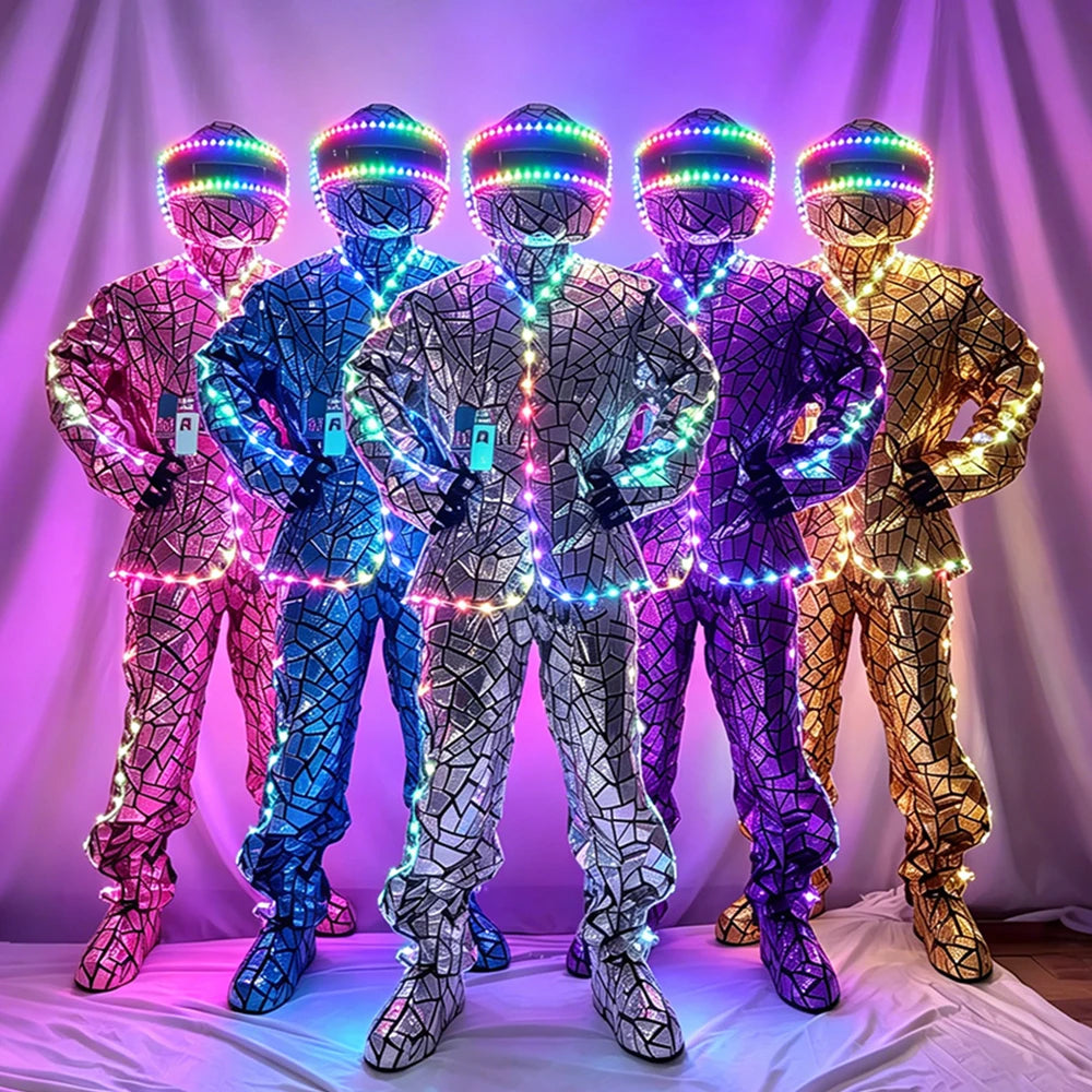 Traje de robot con iluminación LED, revestimiento de espejo, diseño geométrico, para espectáculos de DJ, bares y escenarios.