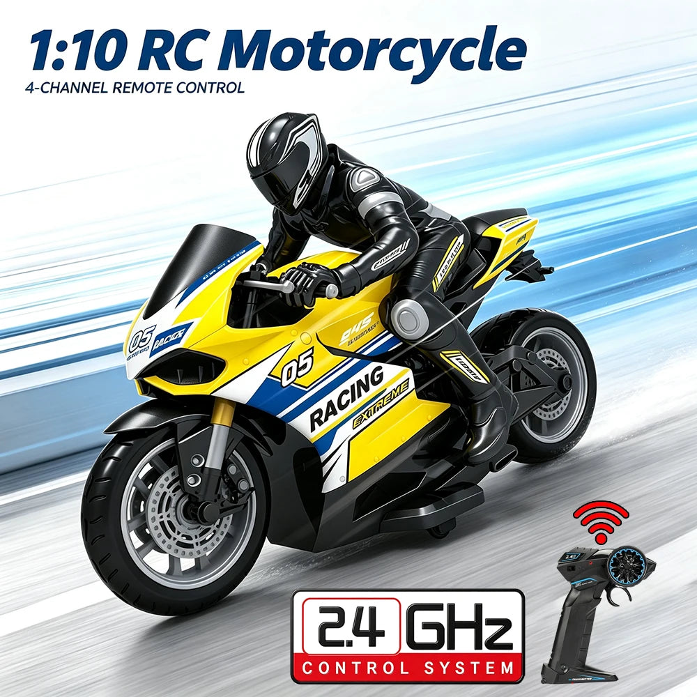 2.4G 1: 10 Rc Motorcycle 4CH Electric Drift Motorcycle for Children Remote Control Car Electric Model Toys for Boys Kids Gift