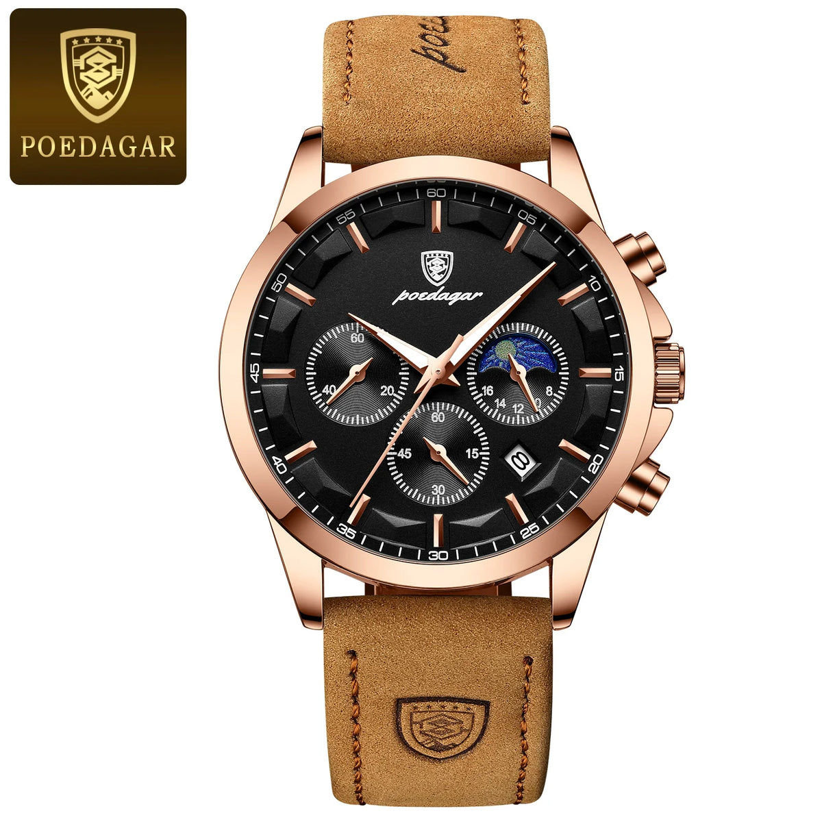 Reloj de pulsera para hombre POEDAGAR de lujo, elegante, resistente al agua, cronógrafo, luminoso, con fecha, de cuarzo y correa de piel