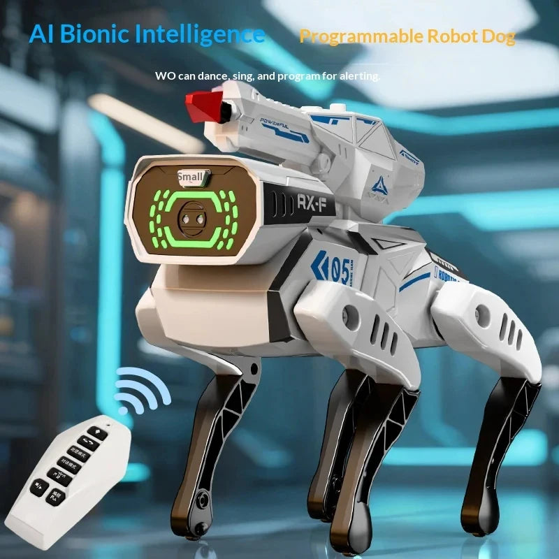 Perro robot blanco con pantalla LED verde y detalles azules en la cabeza