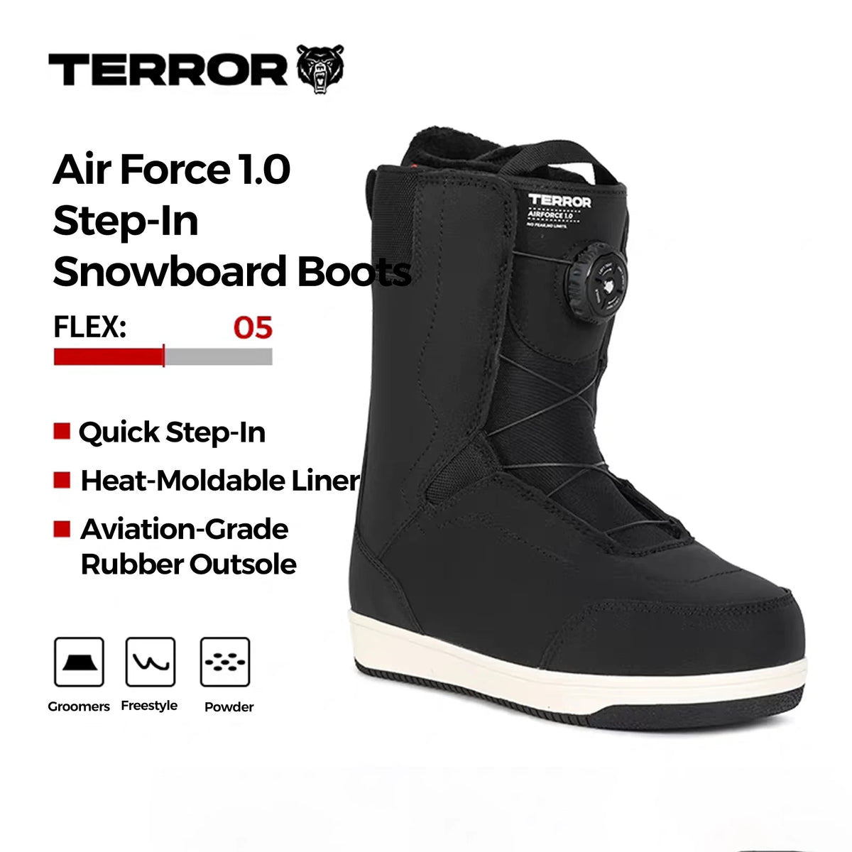 Botas de Snowboard TERROR Air Force 1.0 de Entrada Rápida, Todo Terreno, Estilo Libre, Cálidas, Impermeables y con Soporte