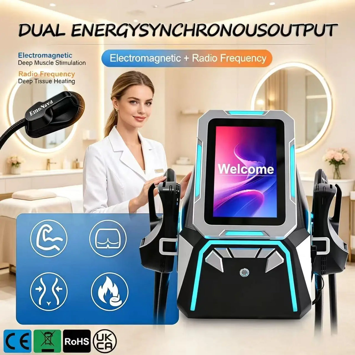 Máquina de Escultura Corporal EmsNova HIEMT RF con 4 Manijas para Desarrollo Muscular, Quema de Grasa y Contorno Corporal No Invasivo, Equipo para Salón de Belleza