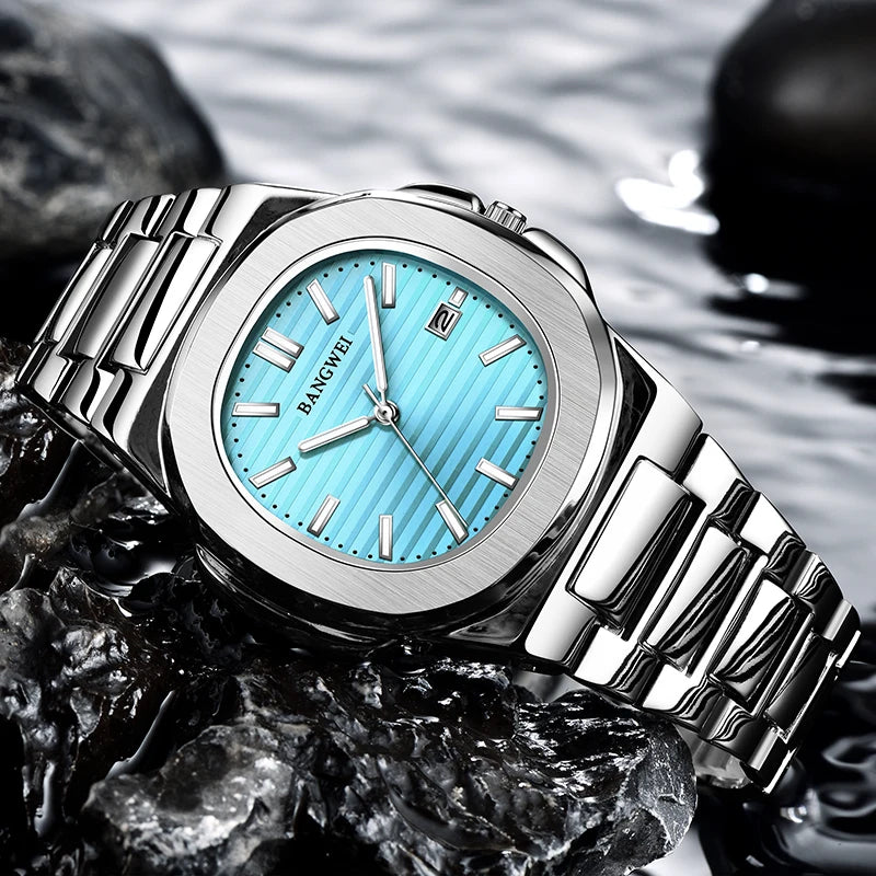 Reloj de lujo para hombre BANGWEI, reloj de cuarzo informal de moda LIGE, reloj de acero luminoso resistente al agua, regalo para hombre + caja