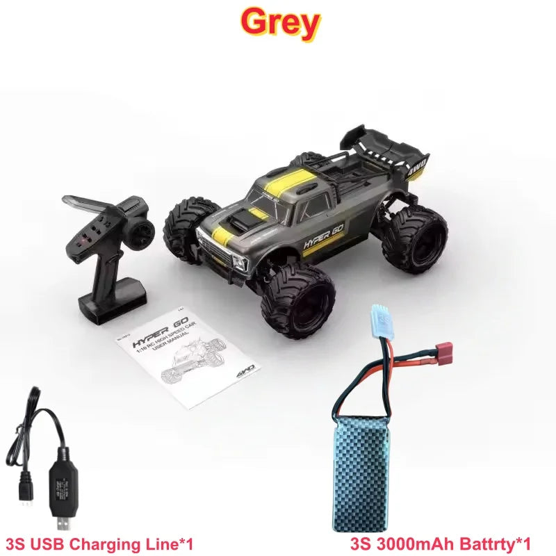 Coche RC todoterreno gris 1:10 con control remoto y batería, ruedas de tracción alta