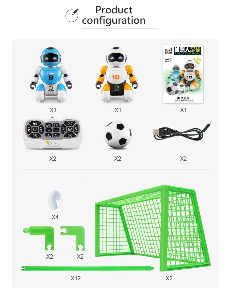 Juego de robots de fútbol RC con mando, pelotas y portería verde, accesorios incluidos.