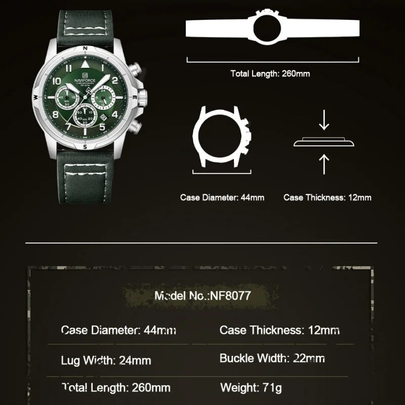 NAVIFORCE Bussiness Men Quartz Chronograph Watch 3ATM Waterproof Date Display Leather Strap Fashion Wristwatch Package Gifts