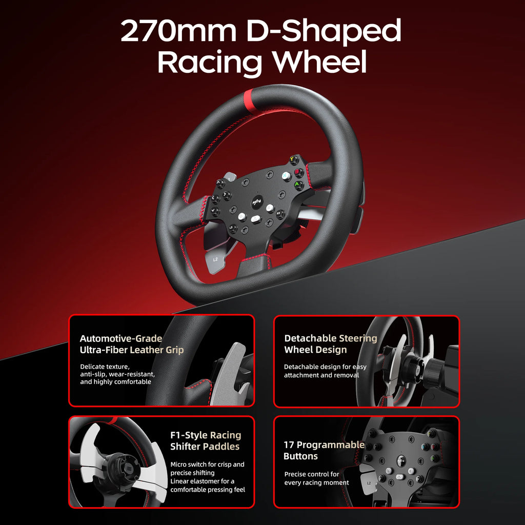 Kit de Volante de Carreras PXN V10 Ultra Direct Drive, Volante con Force Feedback de 3.2 Nm, Pedales con Efecto Hall, Diseño de 4 Palancas, Compatible con APP para PC/PS4/Xbox