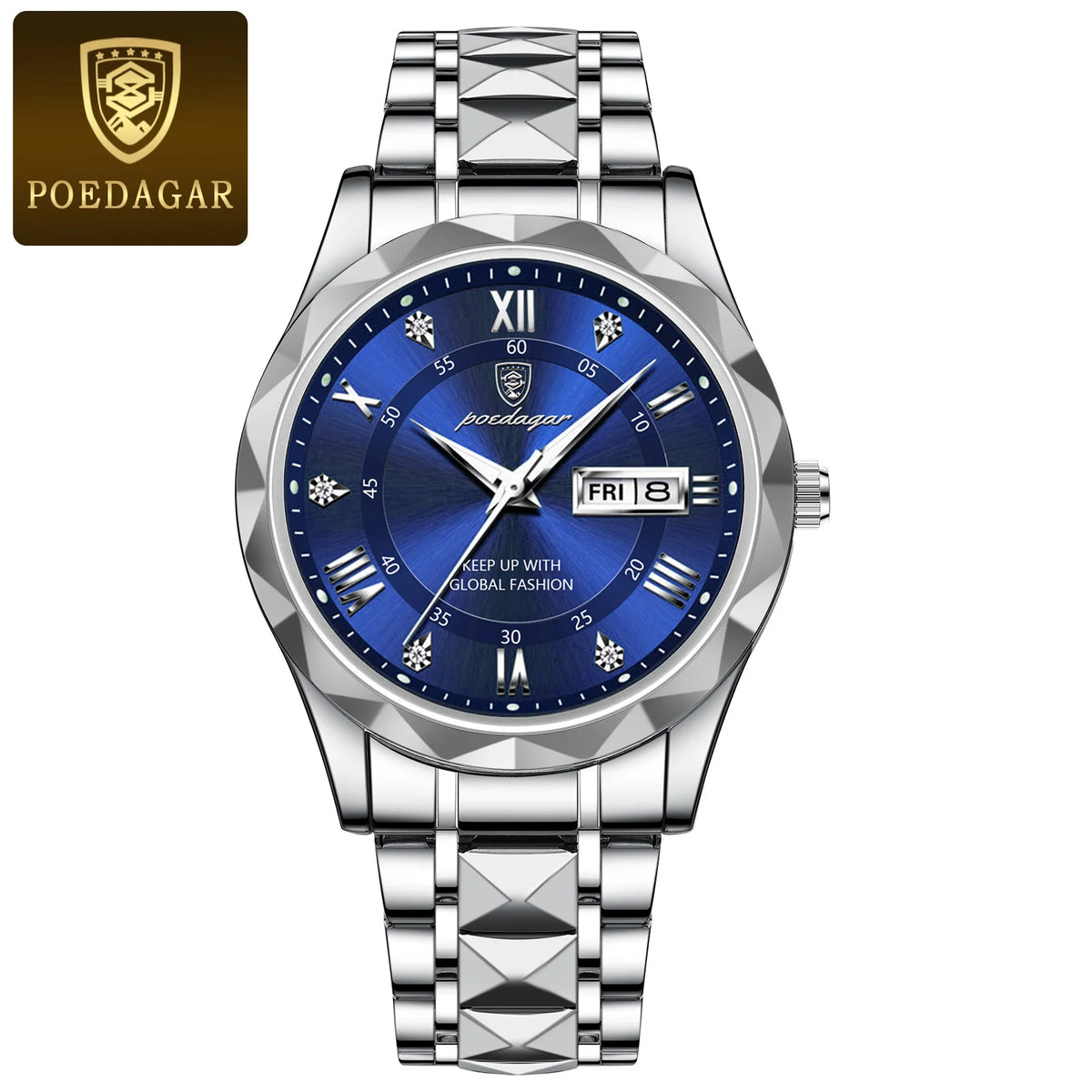 POEDAGAR Reloj de pulsera de cuarzo de lujo para hombre, a la moda, luminoso, resistente al agua, con fecha y día, de acero inoxidable, para negocios