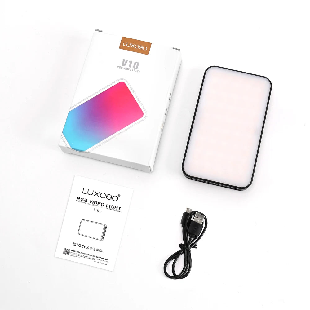 LUXCEO V10 Mini luz de vídeo RGB Panel en luces de cámara lámpara de fotografía iluminación de relleno LED regulable para Vlogging, videoconferencia