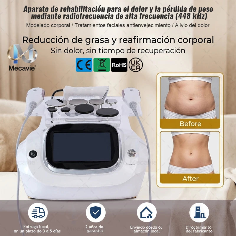 Máquina de Terapia Tecar Mecavie 448KHz Indiba Mejorada |   Sondas CAP/RES + Cuchilla Fascial, Adelgazamiento, Alivio del Dolor y Rejuvenecimiento de la Piel