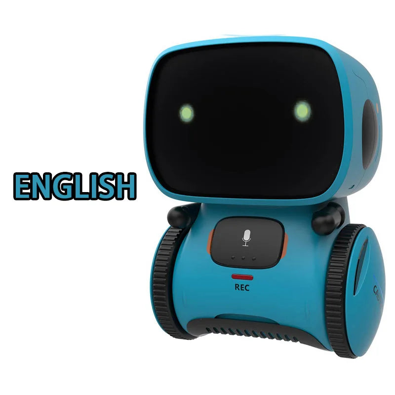 Robot de juguete azul turquesa con pantalla negra y botón de micrófono