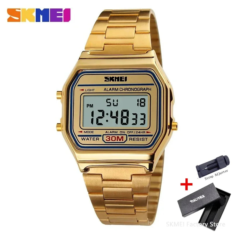 SKMEI 1123 Reloj deportivo digital retro de lujo para hombre, reloj de pulsera de acero inoxidable resistente al agua, reloj de acero 1328 Reloj Hombre