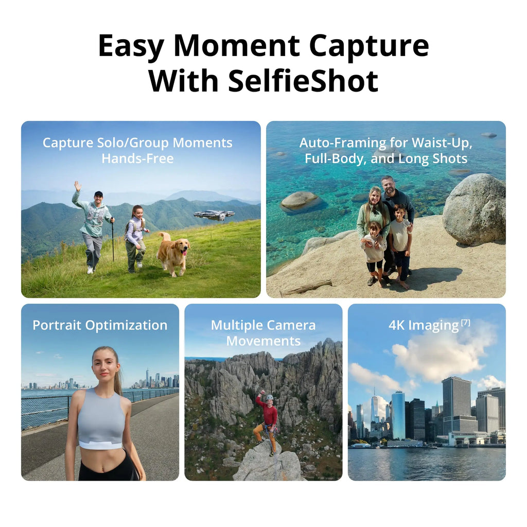 Infografía de capturas con dron: personas y perro en retratos al aire libre.