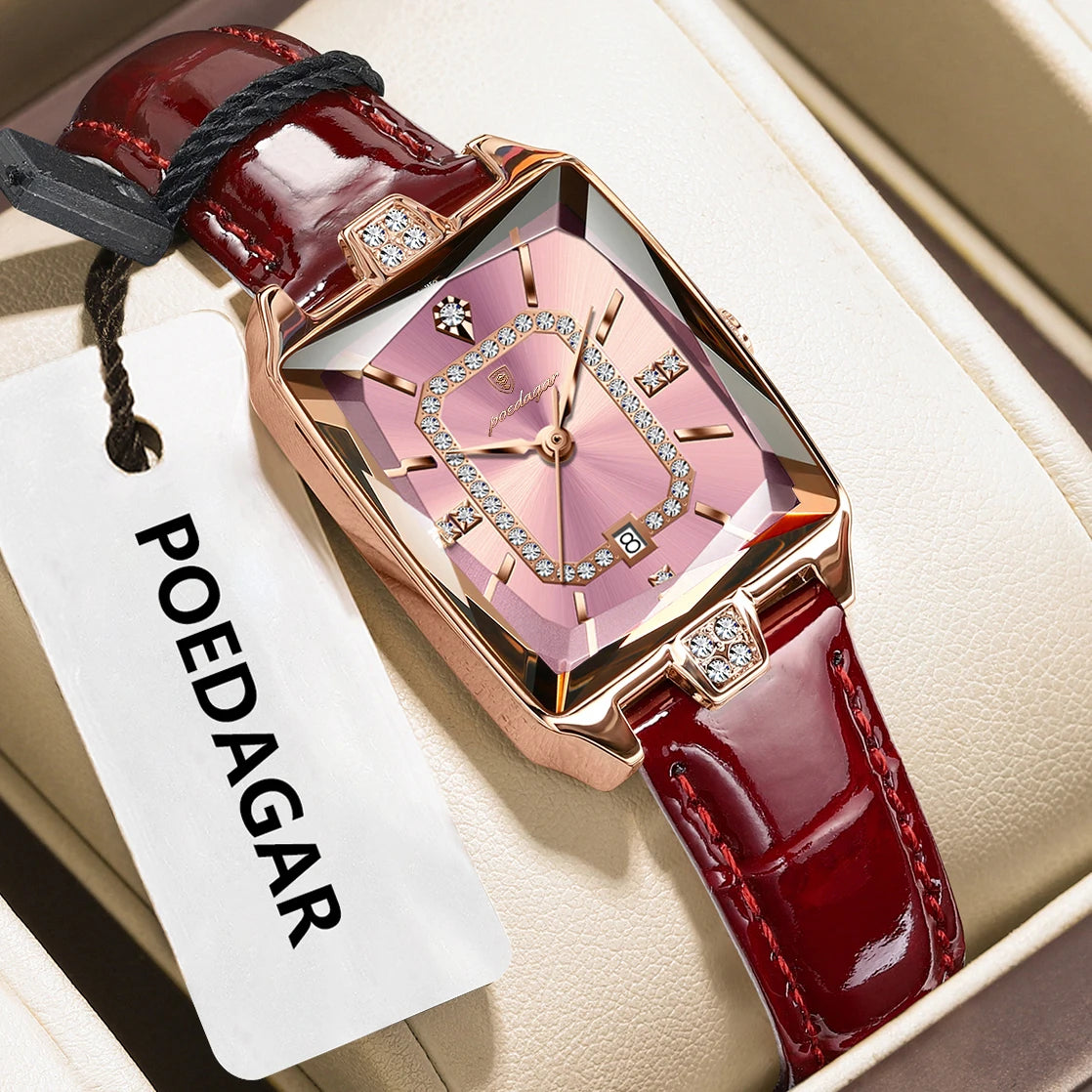 Reloj de pulsera para mujer POEDAGAR de alta calidad, resistente al agua, con fecha, correa de piel, reloj de cuarzo de lujo, rectangular para mujer