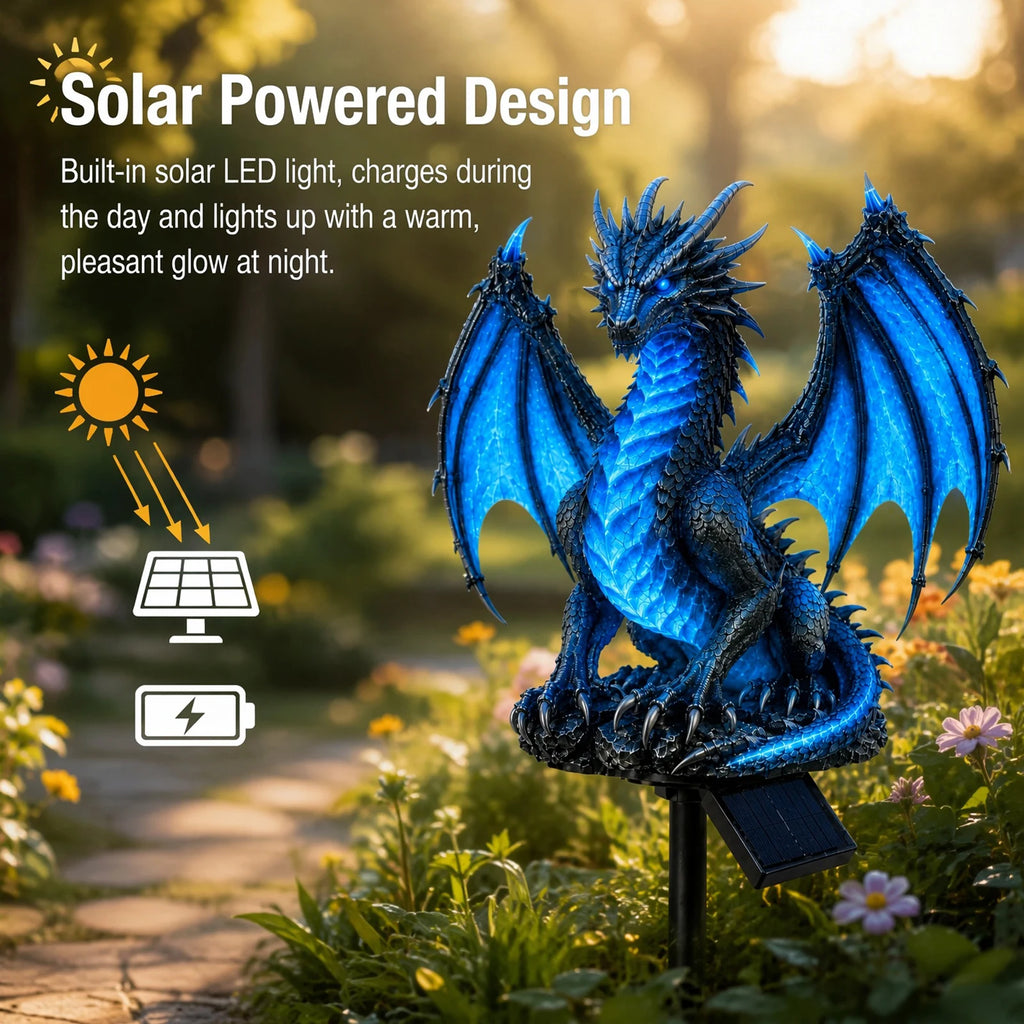 Luz solar de resina para jardín con forma de dragón, LED cálido, estaca para exteriores, decoración de patio, césped y caminos