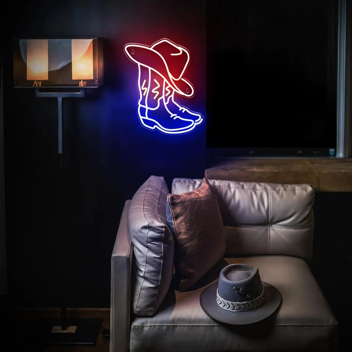 Cartel de neón LED de botas vaqueras y sombrero, naranja y azul iluminado