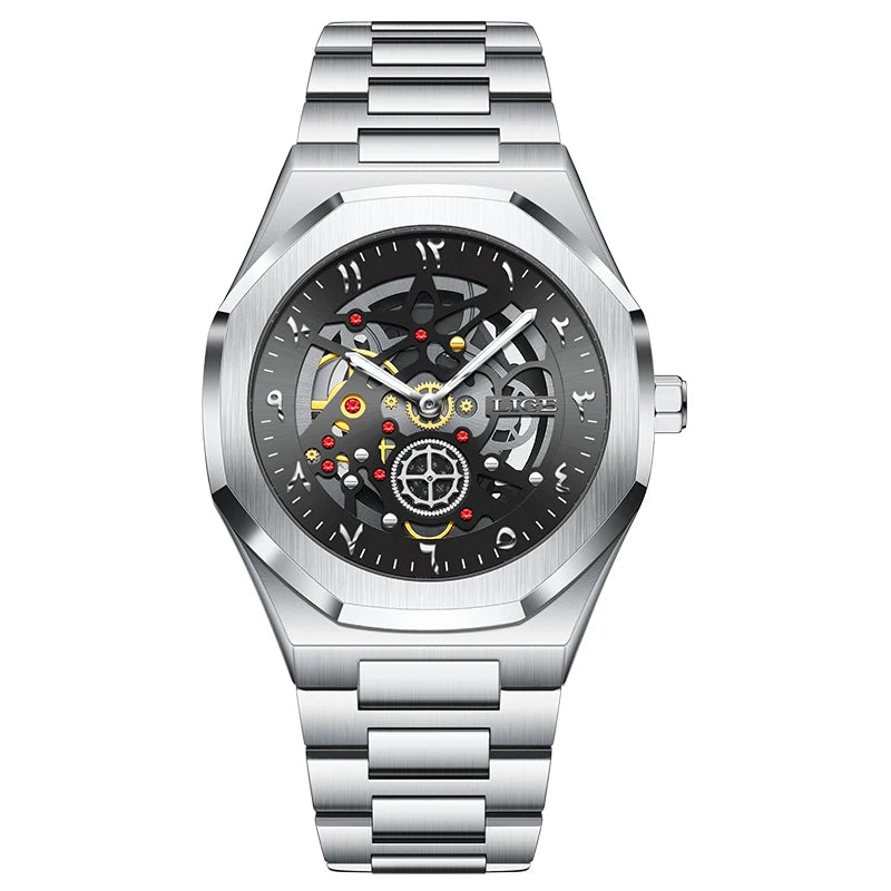 Reloj LIGE de lujo para hombre, diseño esqueleto automático, reloj de pulsera de cuarzo con esfera, impermeable, luminoso, con correa de acero para hombre